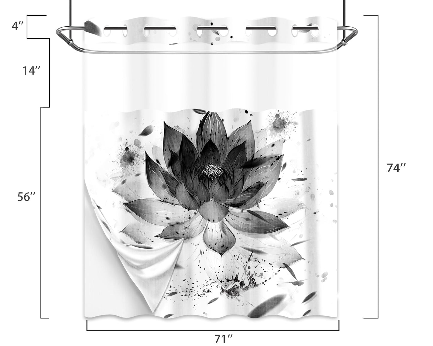 Yieldee Lotus Hookless Shower Curtain with Snap in Liner, Black and White