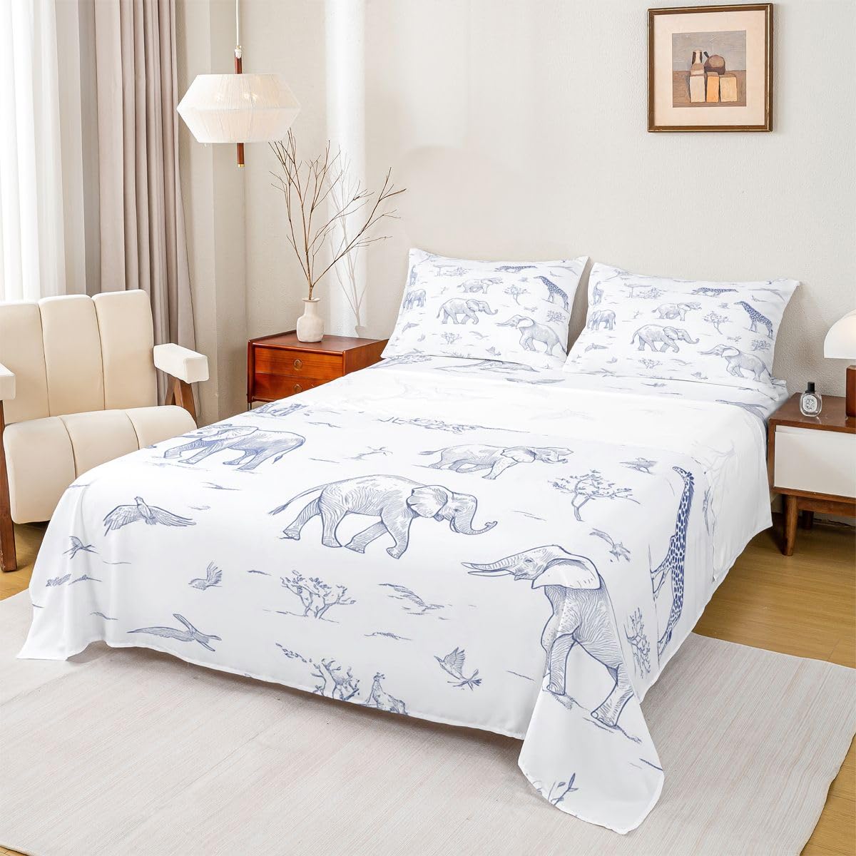 Erosebridal Jungle Animals Bed Sheets Full Cartoon Kawaii Sheet Set for Kids Boys Girls Hunter Brown Rust Wildlife Sheets Elephant Lion Giraffe Animal Flat Fitted Sheet 3 Pcs