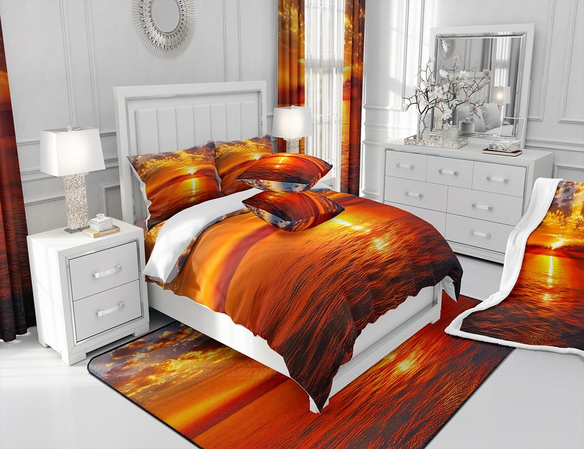 Manfei Sea Sunset Comforter Set Twin Size, Ocean Natural Landscape Bedding Set 2pcs for Kids Boys Girls Room Decor, Ocean Theme Down Comforter with 1 Pillowcase, No Sheets