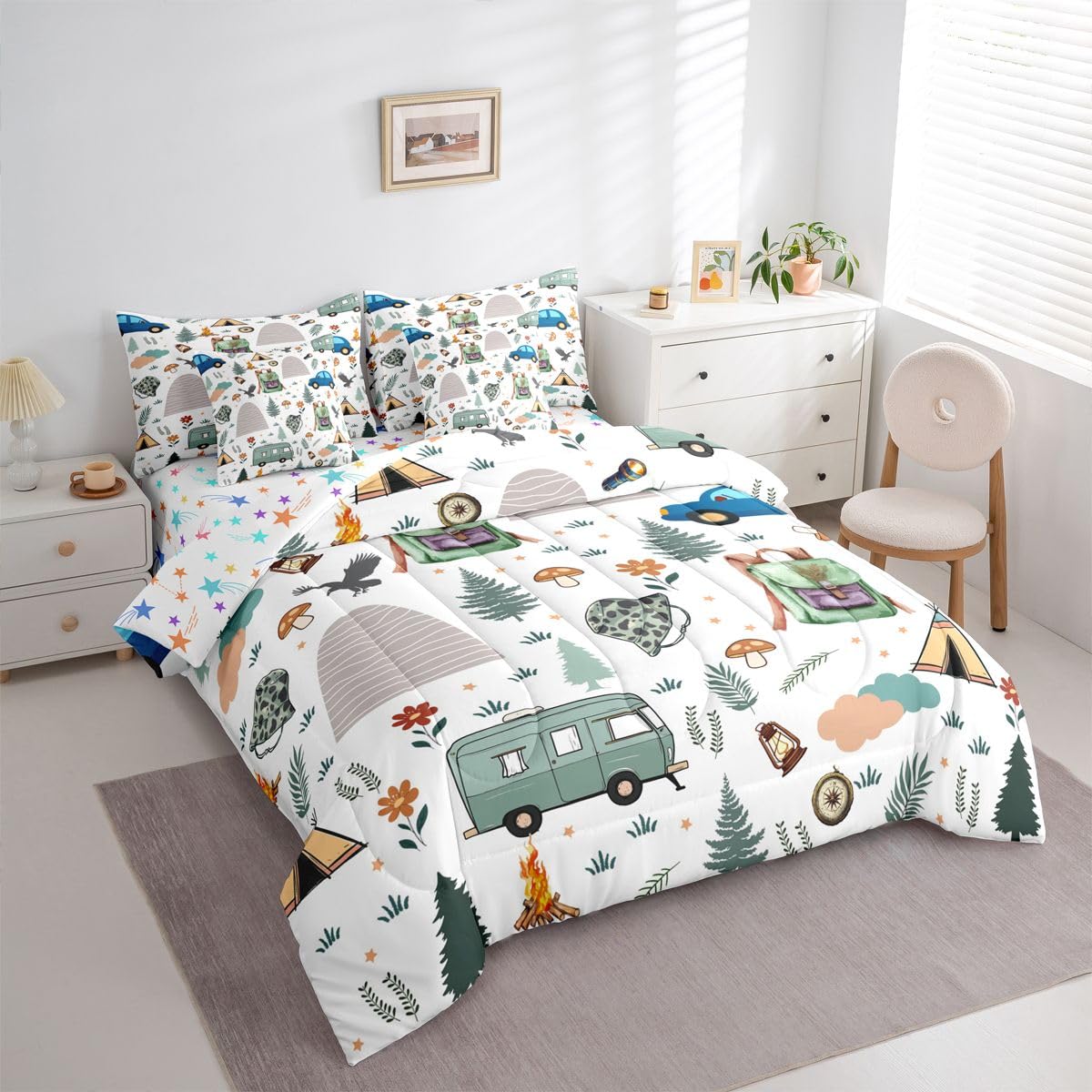 Feelyou Camper Theme Comforter Set With Sheets 7 Piece Twin Size Happy Camping Bedding Set for Kids Boys Girls Car Rv Accessories Bed in a Bag Mountain Adventure Room Decor Soft Lightweight Microfiber