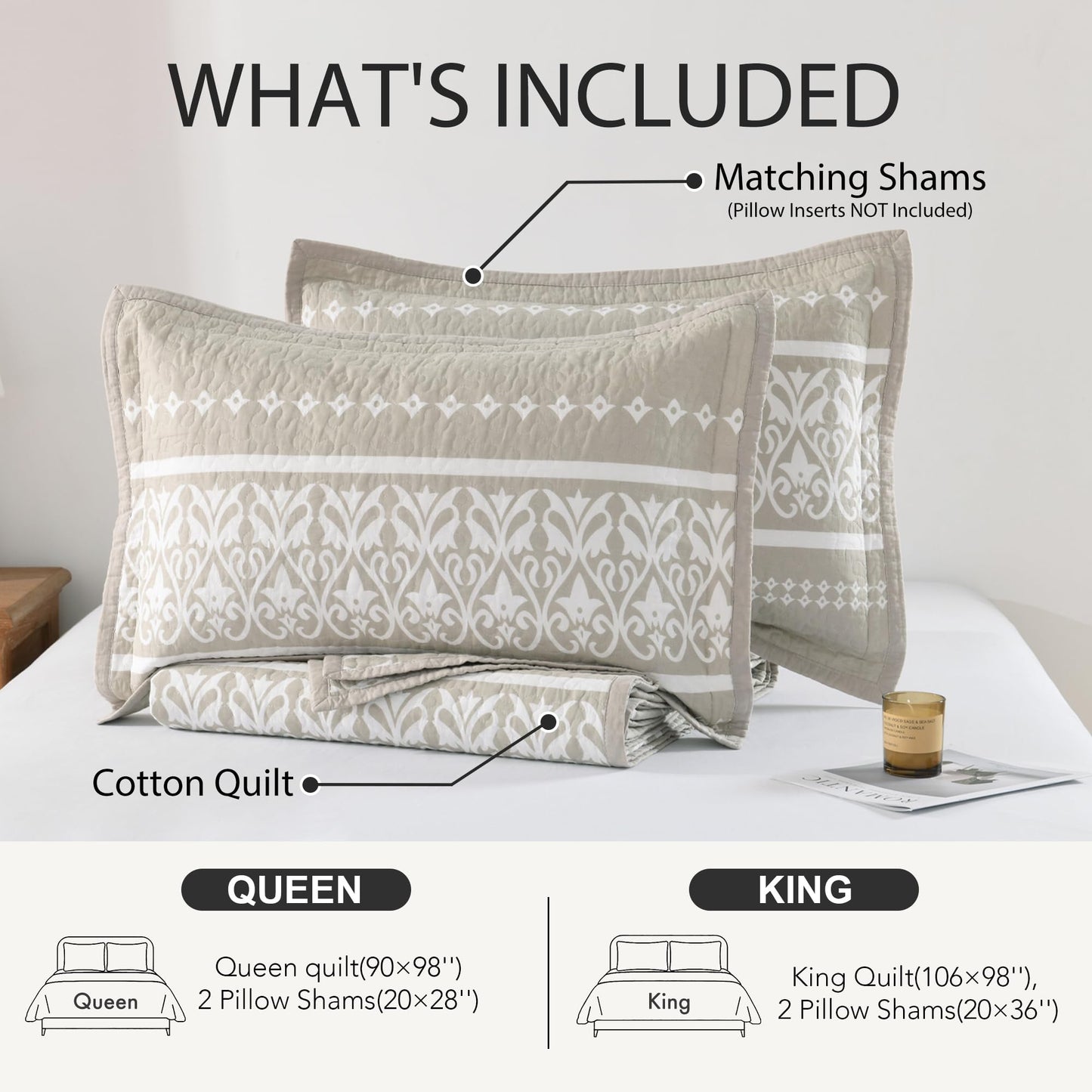 BCOTTOND Queen Quilt Set, 100% Cotton Boho Quilt Queen Size Bohemian Striped Pattern Bedspread Queen Lightweight Quilt Bedding Set Comforter Set All Season, 3 Pieces, Beige Grey