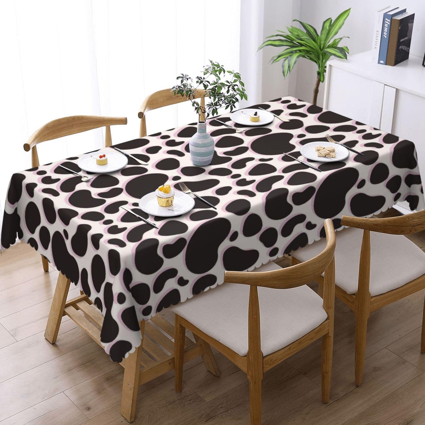 DRAVVIX Animal Skin Texture Rectangular Tablecloth Black Cow Print Table Cloth with Wavy Lace Decoration Polyester Table Cover for Dining, Parties 54x72 inch