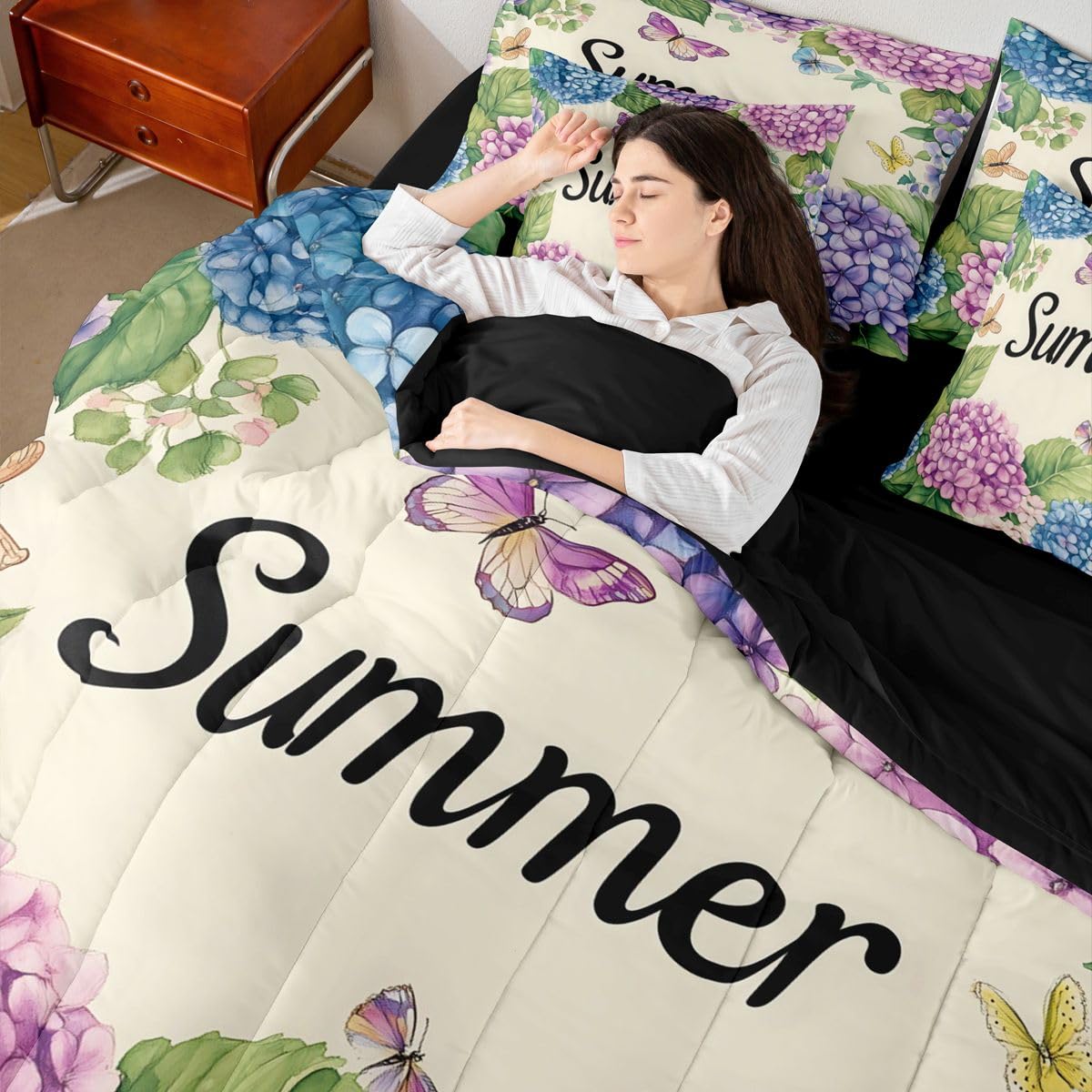 Erosebridal Watercolor Hydrange Queen Bedding Set Summer Purple Blue Floral Comforter Set Kids Girls Women Cute Butterfly 7-Piece Bed in a Bag Soft Pastel Botanical Art Quilt Sets