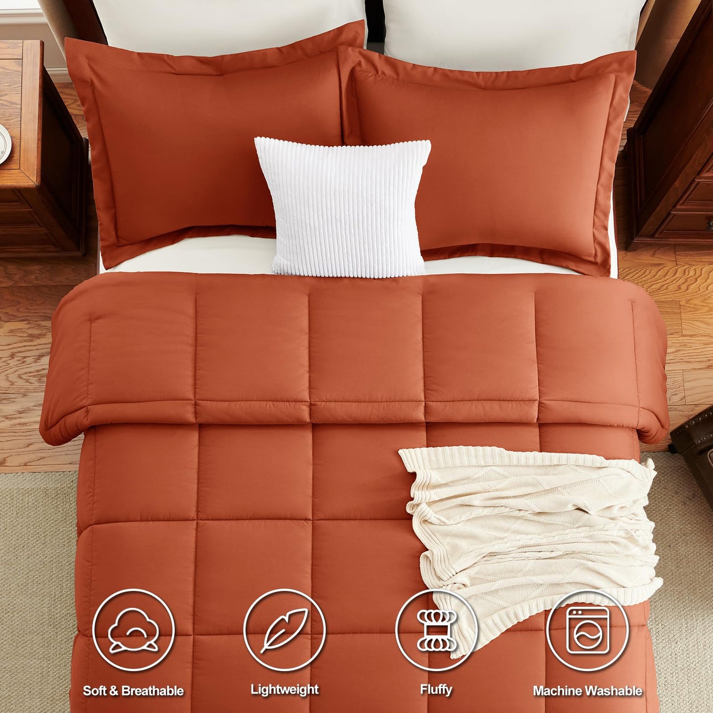 CozyLux Queen Comforter Set - 270GSM Terracotta Bedding Sets for All Seasons, 3 Pieces Box Stitched Bed Set with 1 Down Alternative Comforter and 2 Pillow Shams, Soft, Lightweight, Breathable