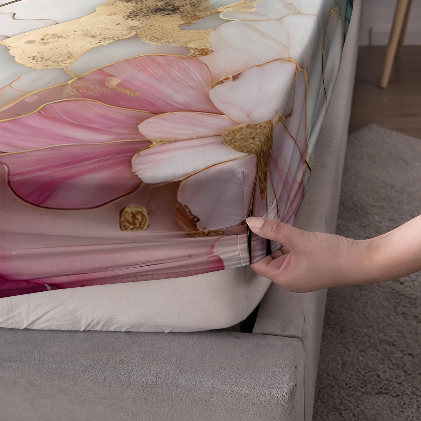 AILONEN Flower Fitted Sheet Set Queen Size, Marble Printed Watercolor Bedding Set for Kids Teens Adults,Pink and Green Bed Sheet Set,1 Fitted Sheet + 2 Pillowcases,3Pcs