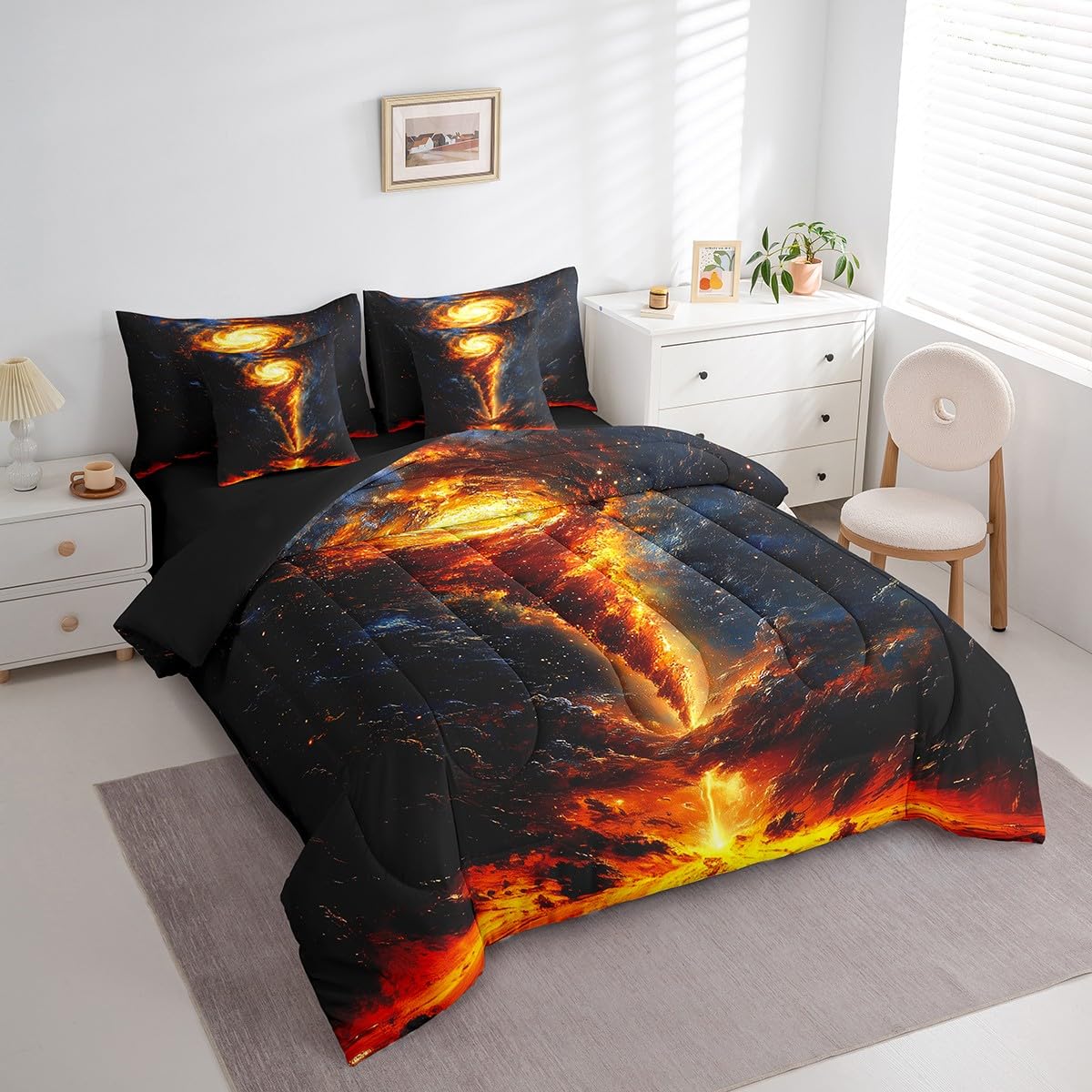 Erosebridal Tornado Comforter Set Queen,Dreamy Golden Nebula Bed in a Bag for Kids Boys Teens,Lava of Volcano Bedding Set 7Pcs,Starry Sky Galaxy Stars Quilt