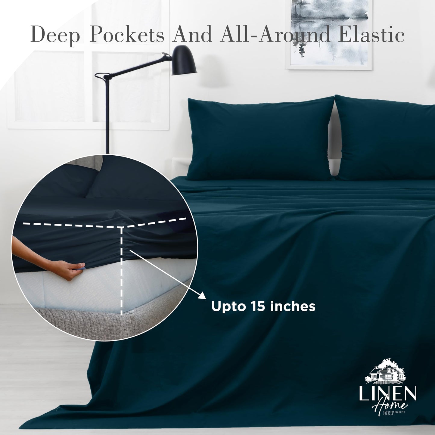 Linen Home Washed Cotton Percale Fitted Sheet Queen Size, Navy Blue, 1 Deep Pocket Fitted Sheet, Soft and Cool Strong Bed Linen, 60"X80"+14"