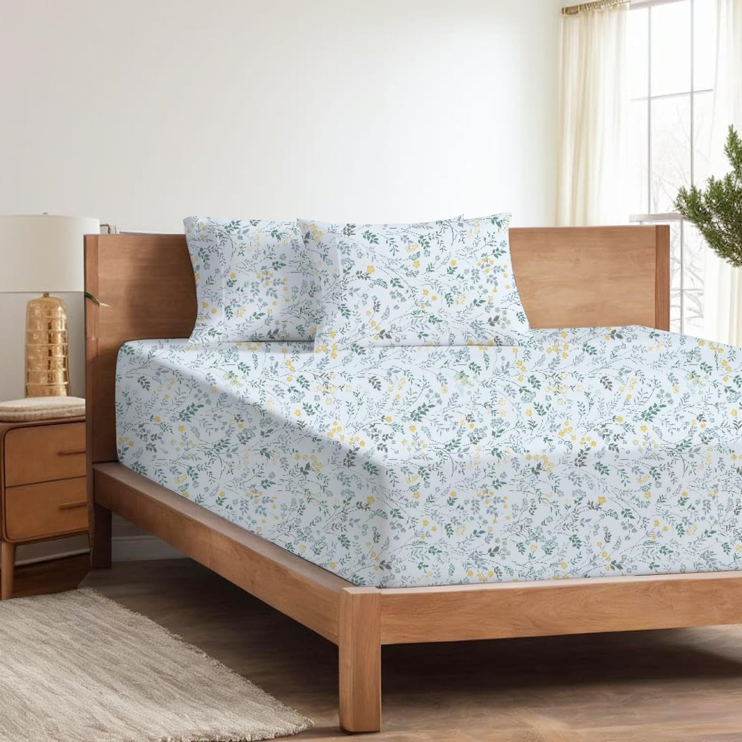 Shreem Linen Queen Sheet Set - 4 Piece Bedding - Brushed Microfiber Soft Sheets for Queen Size Bed with Flat,Fitted Sheet,2 Pillow Cases (Garden Bloom)