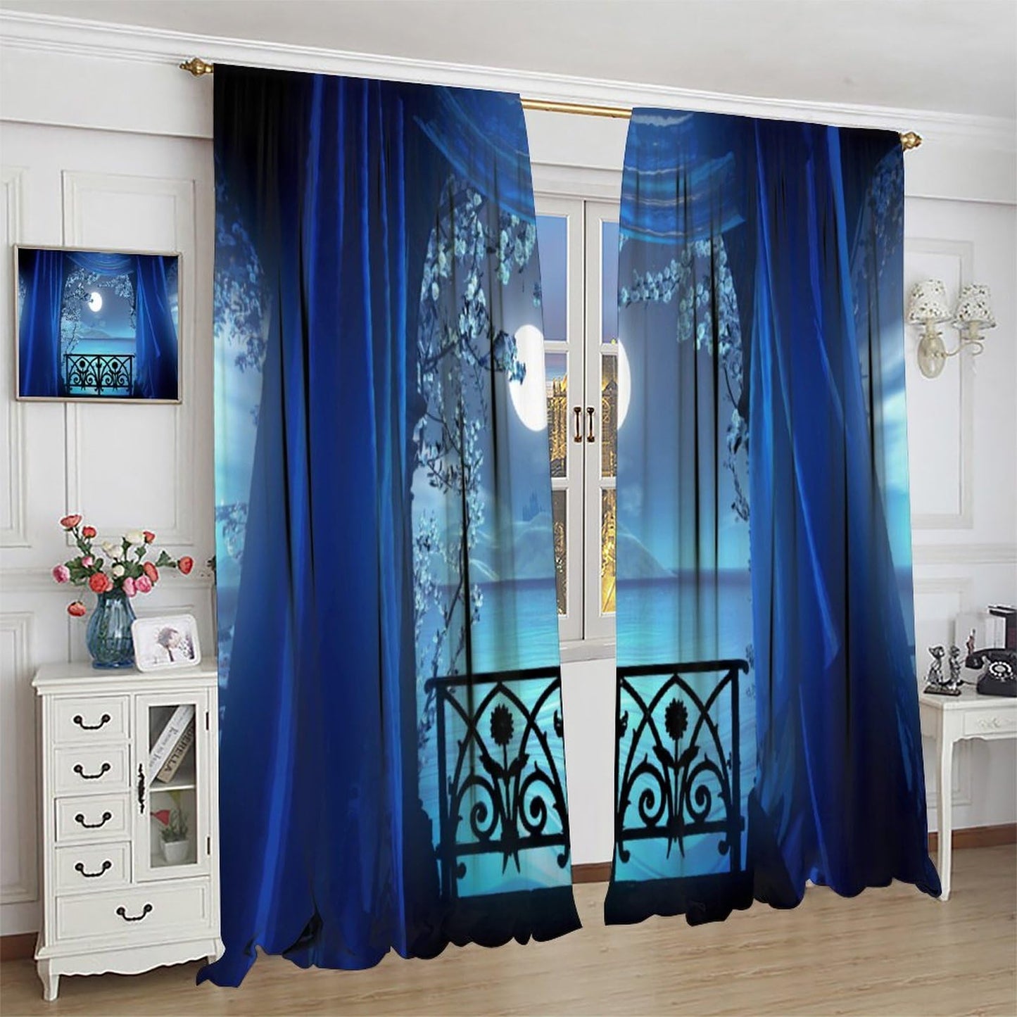 YCness Gothic Window Curtains, Retro Palace Architecture White Flowers Horror Atmosphere Calm Lake Scenery Window Treatments for Kitchen Bedroom Living Room 2 Panels Blue Drapes 42x45 Inch
