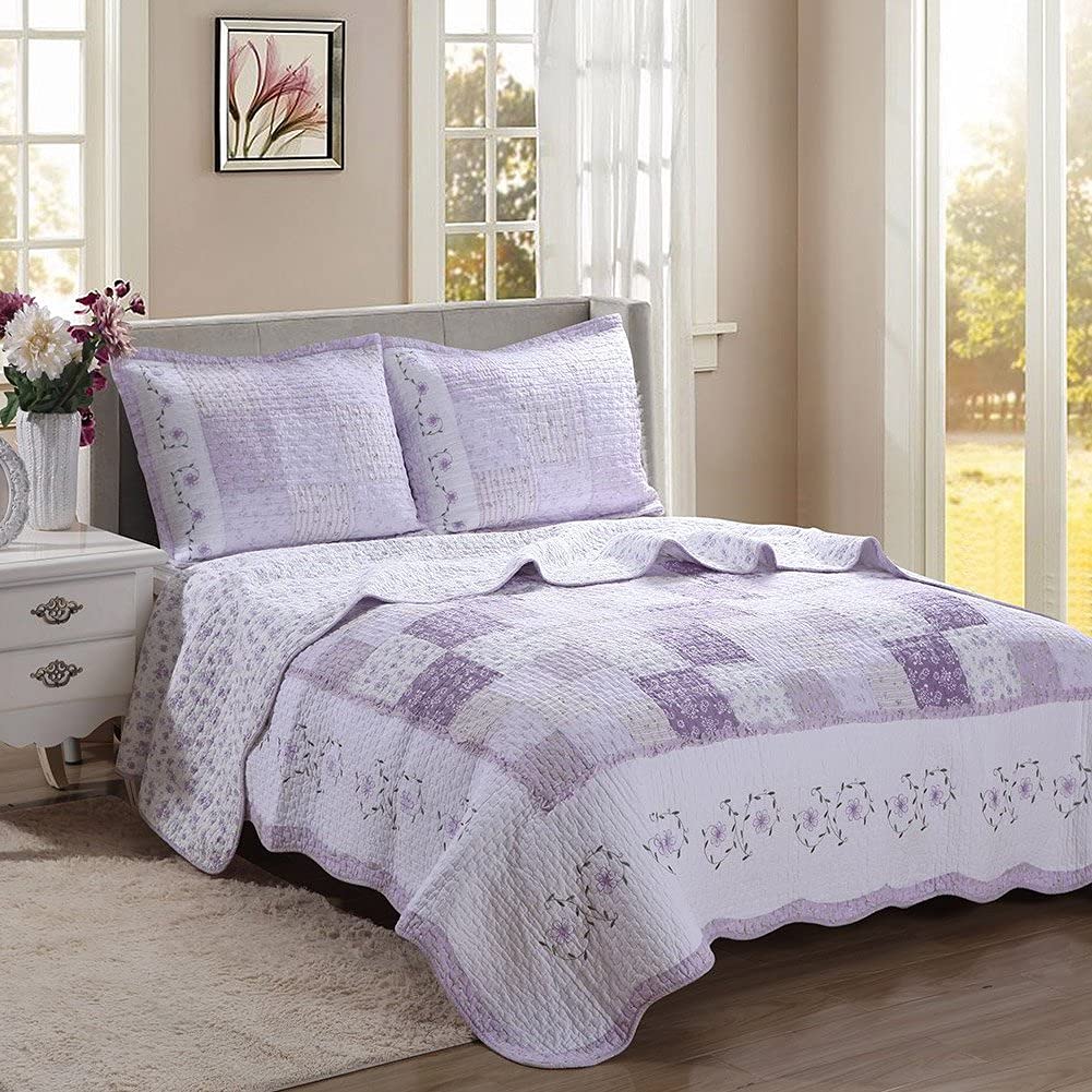 Cozy Line Home Fashions 100% Cotton Hand Piecing Real Patchwork Love of Lilac Bedding Quilt Set, Purple Orchid Lavender Chic Lace Floral Reversible Coverlet, Bedspread (Lilac, King - 3 Piece)