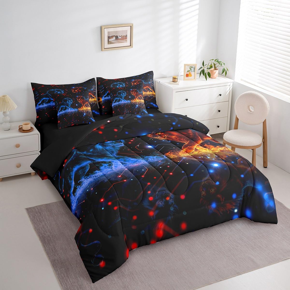 Lion Bed Set Wild Animal 7 Pieces Bedding Set for Kids Safari Print Bed in a Bag with Comforter, Sheets, Pillowcases Women Men Ultra Soft Decor Dot All Season Breathable Lightweight Twin Size