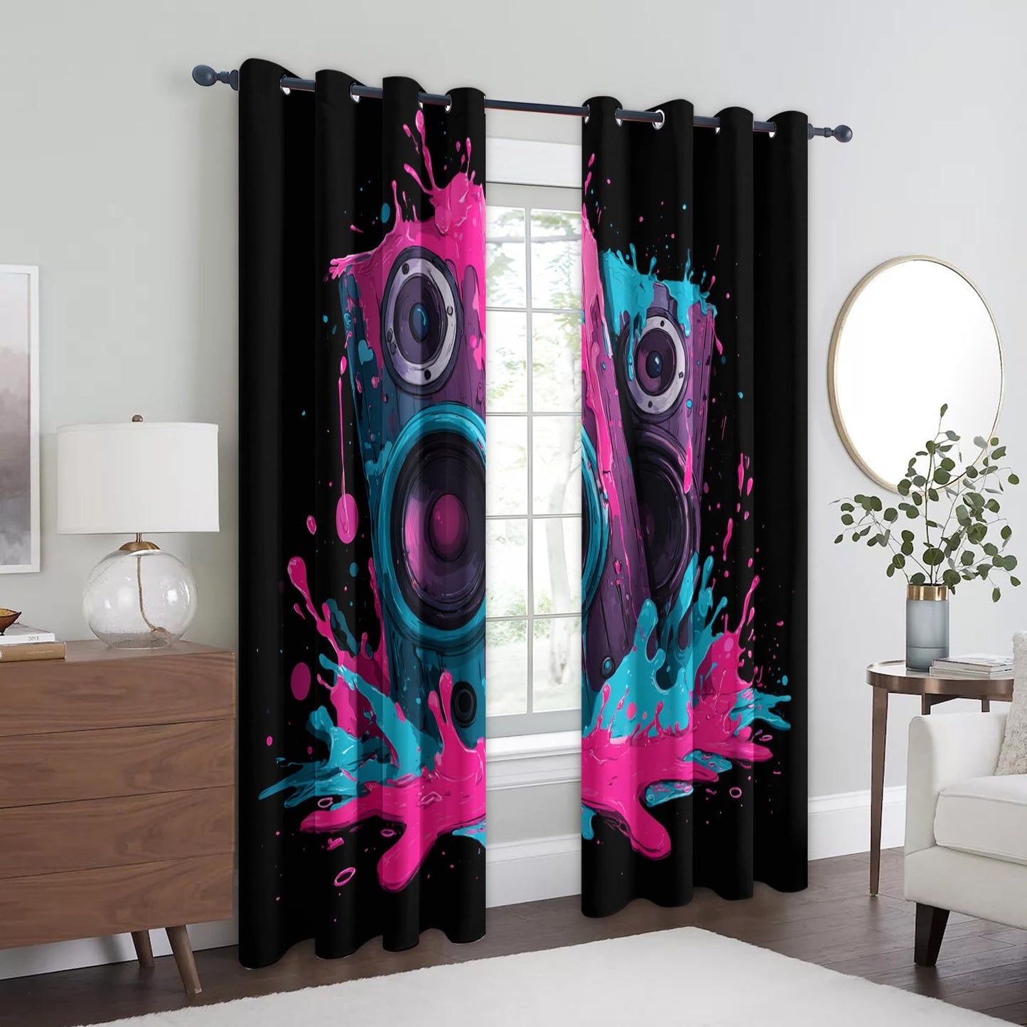TANTANICAL Graffiti Curtains for Living Room 63 Inch, Speaker Abstract Art Pattern Design Blackout Curtains, Graffiti Bedroom Decor Window Drapes with Grommet, 2 Panels Set H65