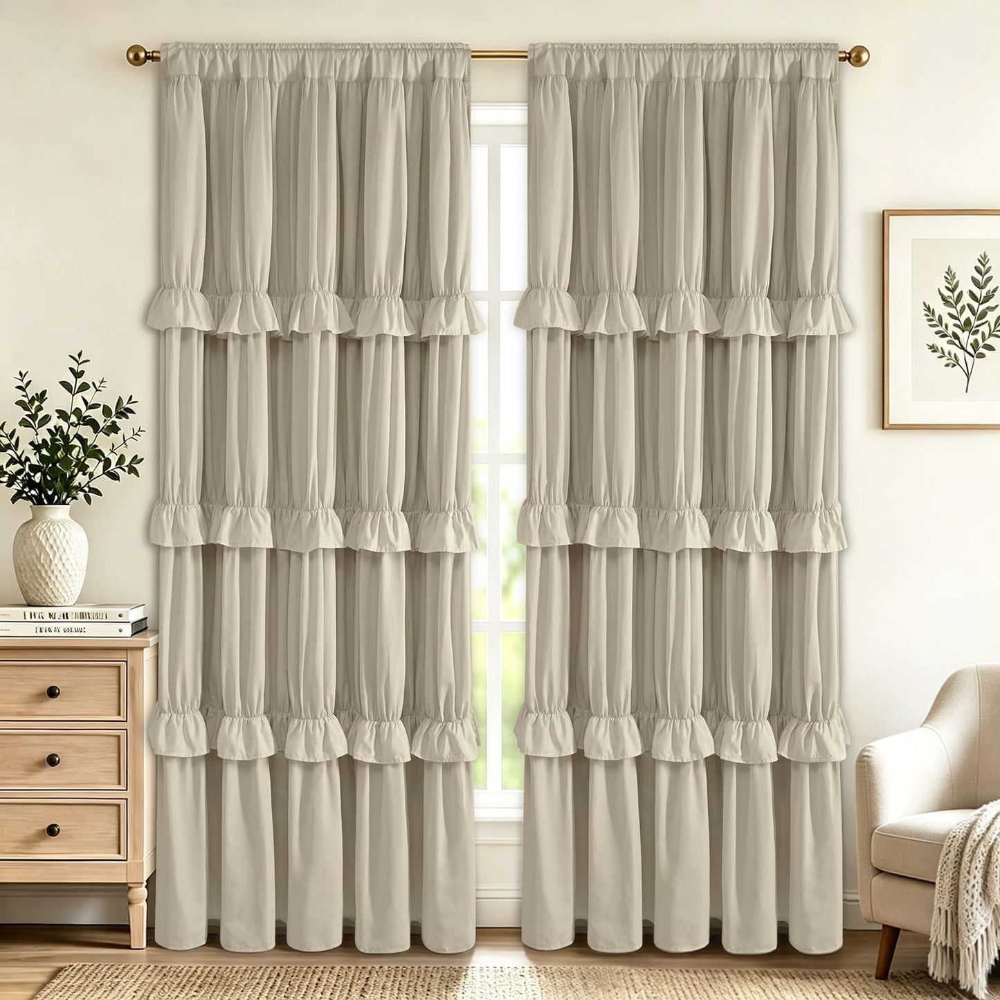 Yinhua Ruffle Curtains for Living Room Farmhouse Blackout Curtains for Bedroom 84 Inch Long with 3 Rows of Ruffles, Room Darkening Window Curtain Rustic Country Rod Pocket Drapes, 2 Panels, Camel