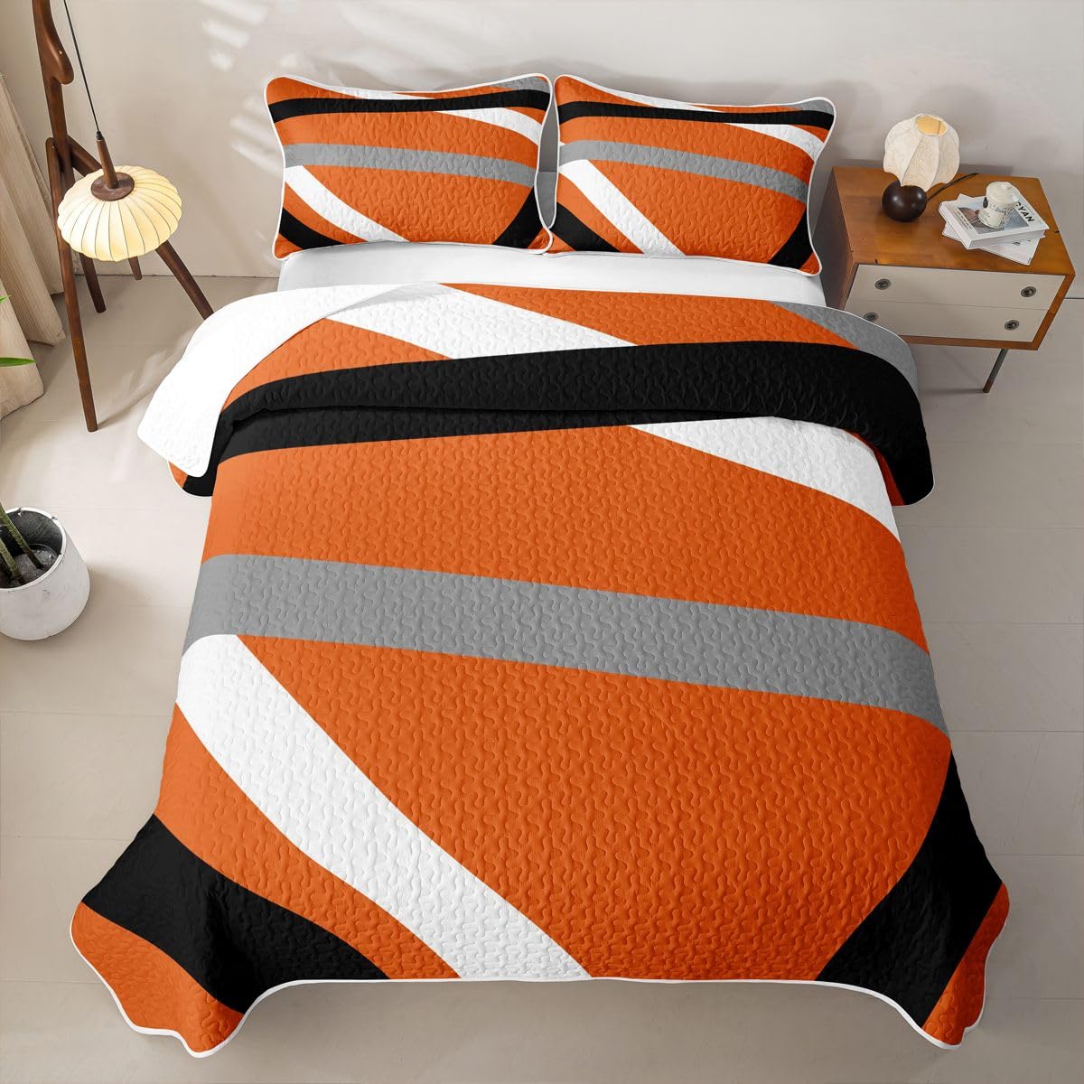 Erosebridal Orange Gray Black Striped Quilt Set Modern Abstract Quilt Twin Geometric Lines Quilted Bedspread Aesthetic Boho Coverlet Bedroom Decor