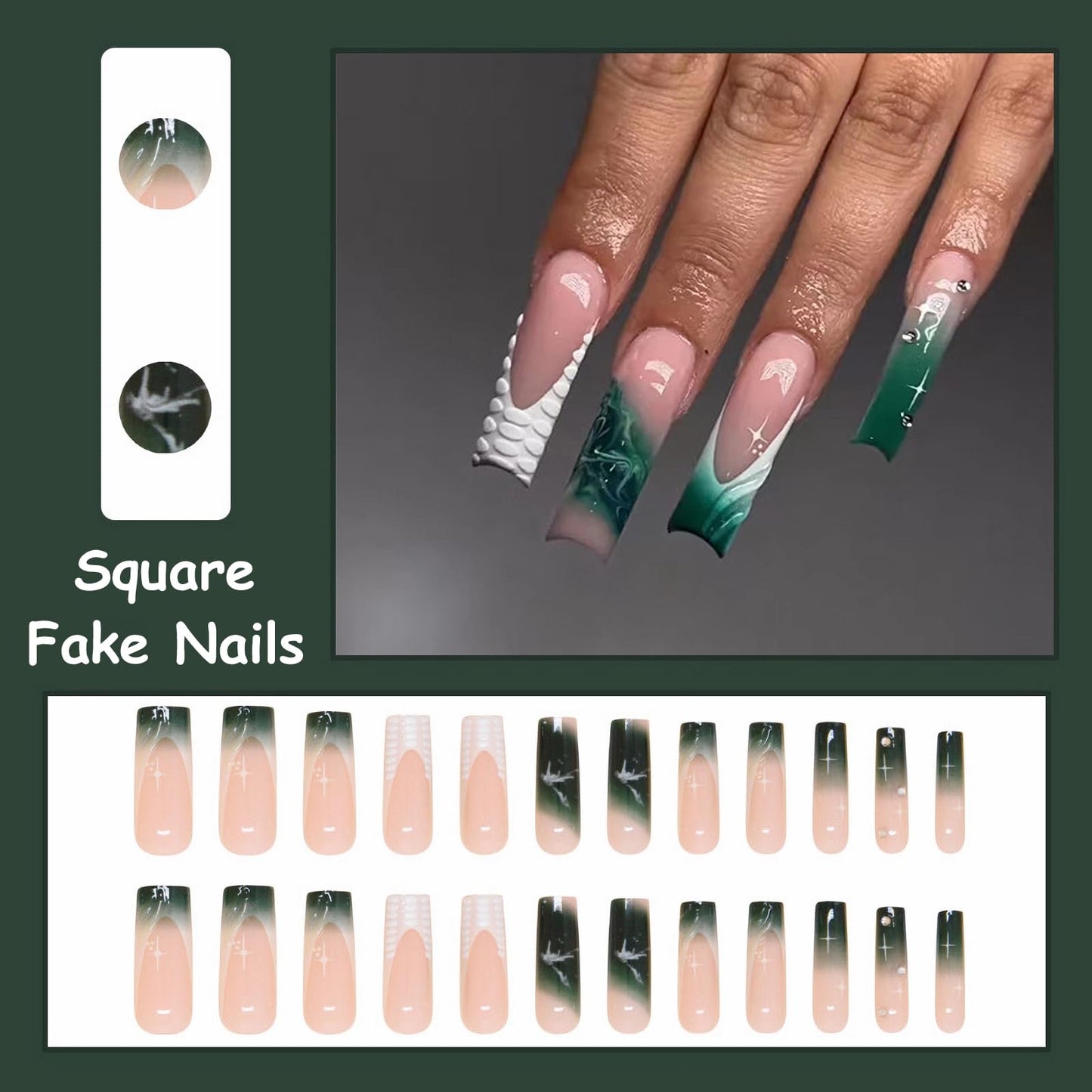 MISUD Press on Nails - Long Square Fake Nails with Dark Green, Acrylic Ombre French Tip Design 24 pcs