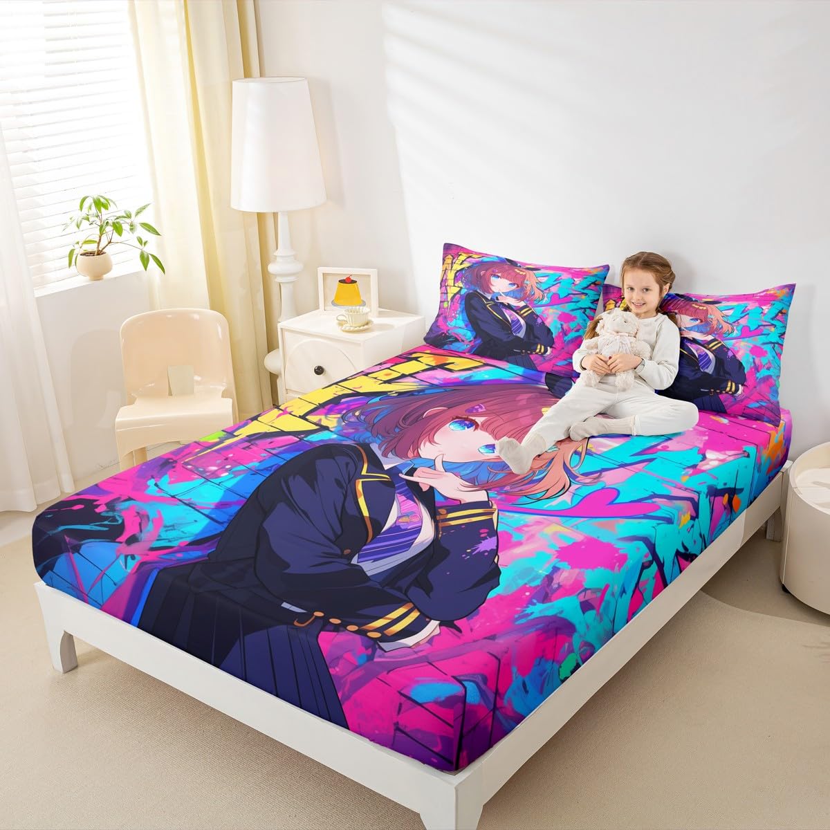 Erosebridal Girls Japanese Anime Bedding Set Full, Kawaii Anime Girl Fitted Sheet Cartoon Girl Bed Sheets for Kids Teens Adult, Japanese Animation Sci Fi Style Sheets, 2 Pillow Cases