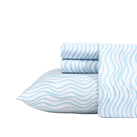Nautica - Sheet Set, Breathable & Cooling Microfiber Bedding with Matching Pillowcase, Deep Pocket, Fully Elasticized (Linearly Waves Ocean Breeze Blue, Twin)