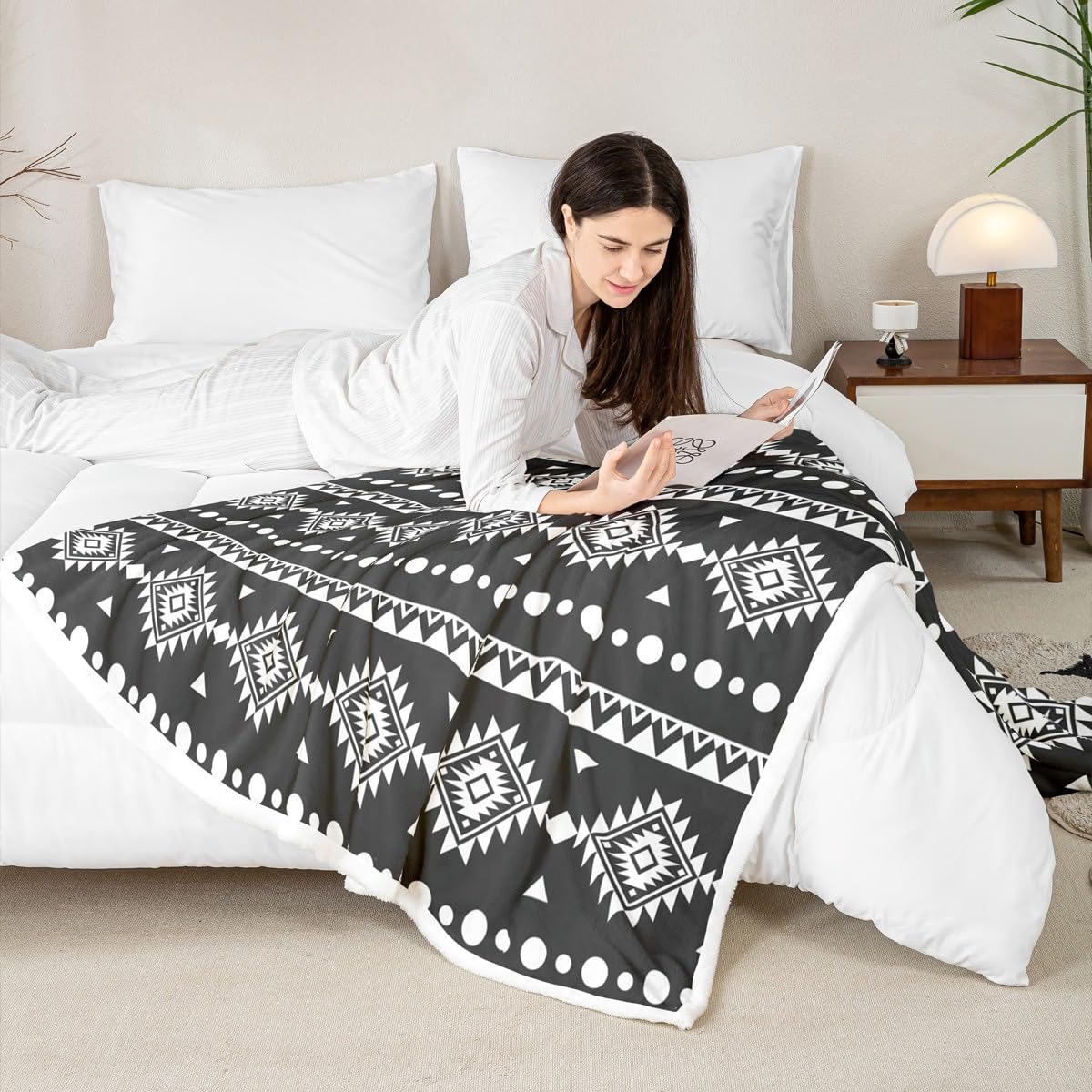 Erosebridal Twin Size Bohemian Aztec Sherpa Blanket, Western Decor Fleece Blanket for Girls Boys Women Men, Southwestern Farmhouse Fuzzy Plush Throw, Geometric Exotic Tribal Decor for Sofa Couch