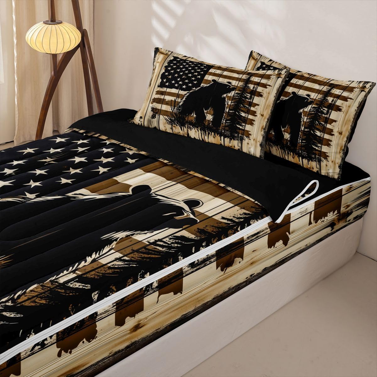 Feelyou Bear Zipper Bedding for Kids Wild Animal Twin Comforter Set with Fitted Sheet 2 Pillowcases American Flag Bed in a Bag Soft Lightweight Microfiber