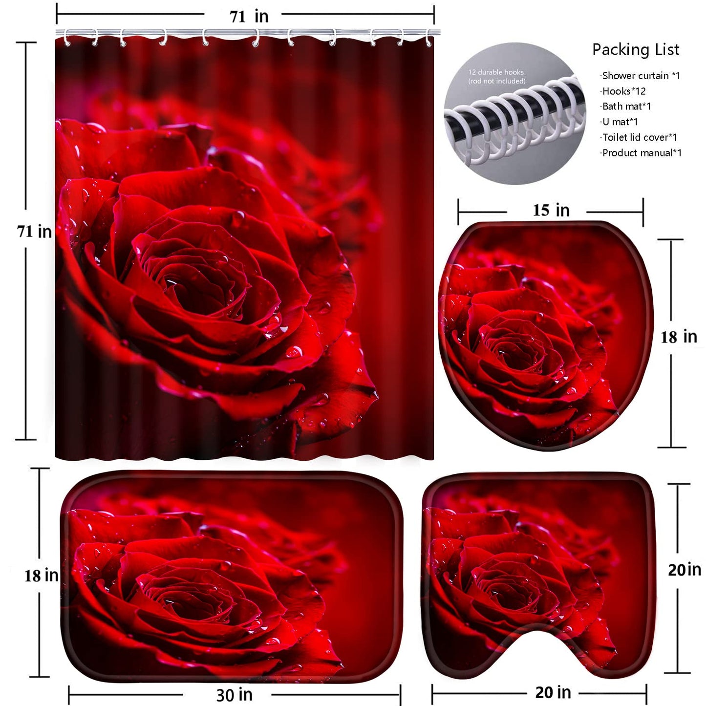 Poedist 4 Pcs Shower Curtain Set, Red Rose Bathroom Set,Romantic Shower Curtain Sets with Rugs(Bath Mat,U Shape and Toilet Lid Cover Mat) and 12 Hooks