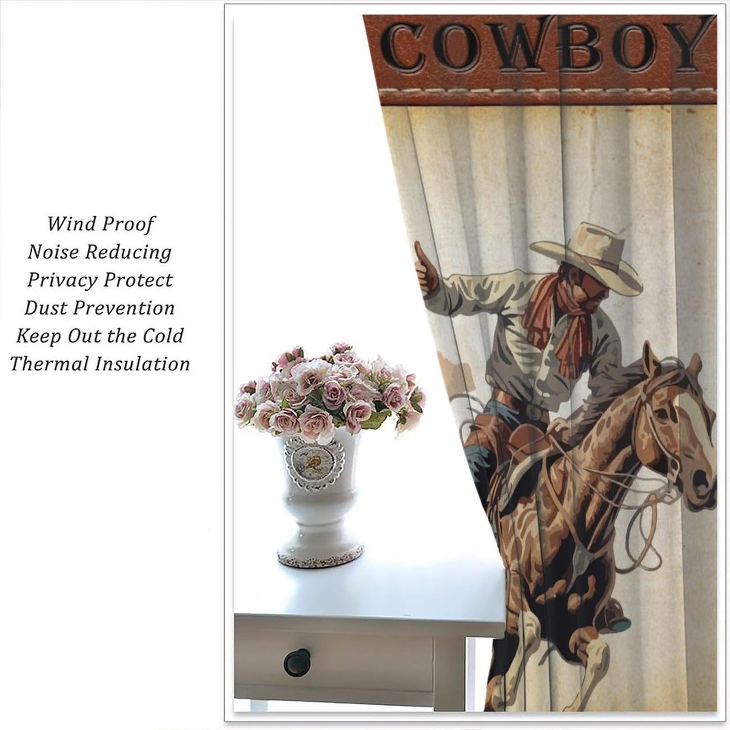 LOMADIA Cowboy Horse Blackout Curtain, Rustic Old Western Farm Retro Farmhouse Cowboy Pattern Drapes Window 2 Panel Rod Pocket Curtain for Kitchen Living Room Bedroom Deocr 42x45in