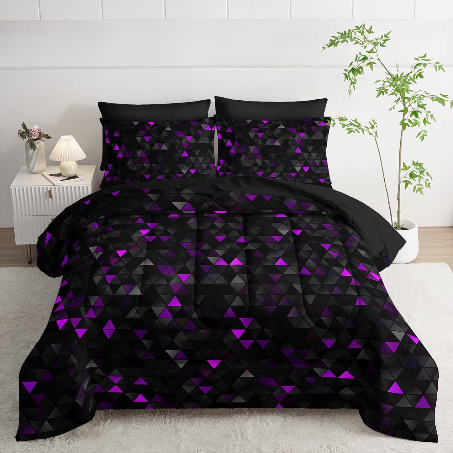 Nttopship Geometric Violet Black Triangle King Size Comforter Set,Light Honeycomb Bedding Set 7 Piece in A Bag,Bed Sheet Set Geometry Decor,Microfiber Lightweight All Season