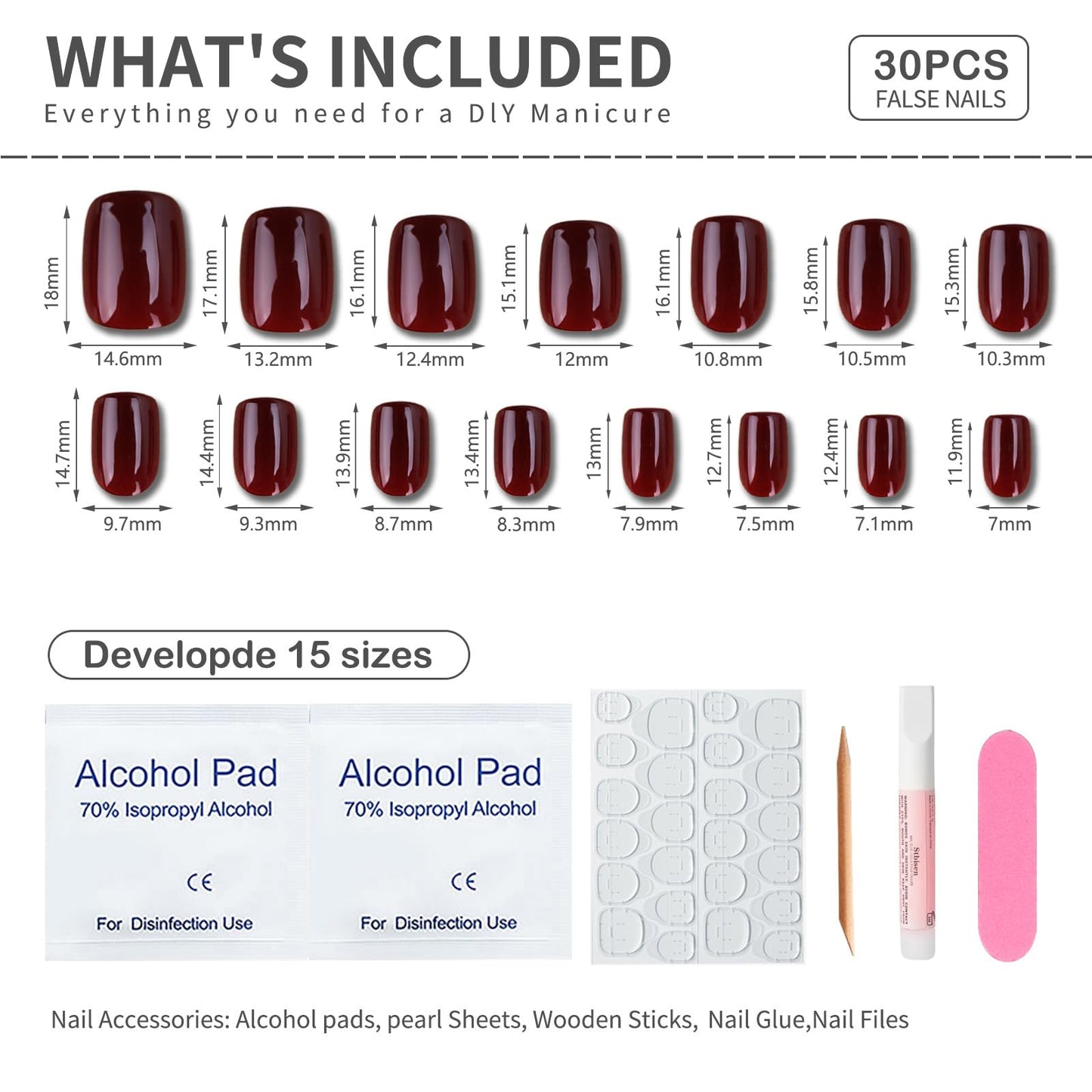 Burgundy Press On Nails Short Square Shape, Glossy Finish Acrylic Fake Nails Kit, Reusable Glue On Nails, Long-Lasting, Natural Stick-On Manicure Set for Women, 24pcs DIY Elegant Nails