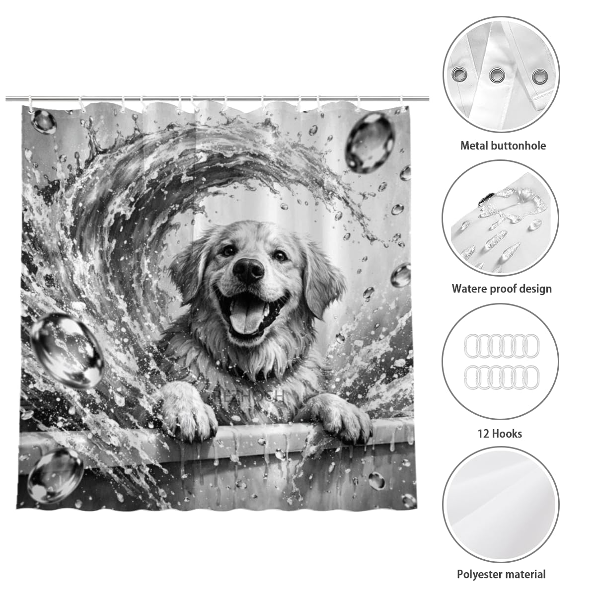REZHOCH Black and White Dog Shower Curtain 72x72 Inch Happy Golden Retriever Splashing Water Wave Bathroom Decor,Fun Cute Animal Waterproof Fabric Modern Farmhouse Bath Set with Hooks