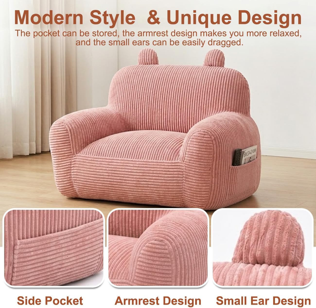 Kids Bean Bag Chair Sofa with Filler Stuffed Filling Memory Foam Lazy Comfy Chairs Boys Girls Gaming Reading Relaxing Cute Living Room Bedroom Cozy Pocket Floor Relaxing Sofa