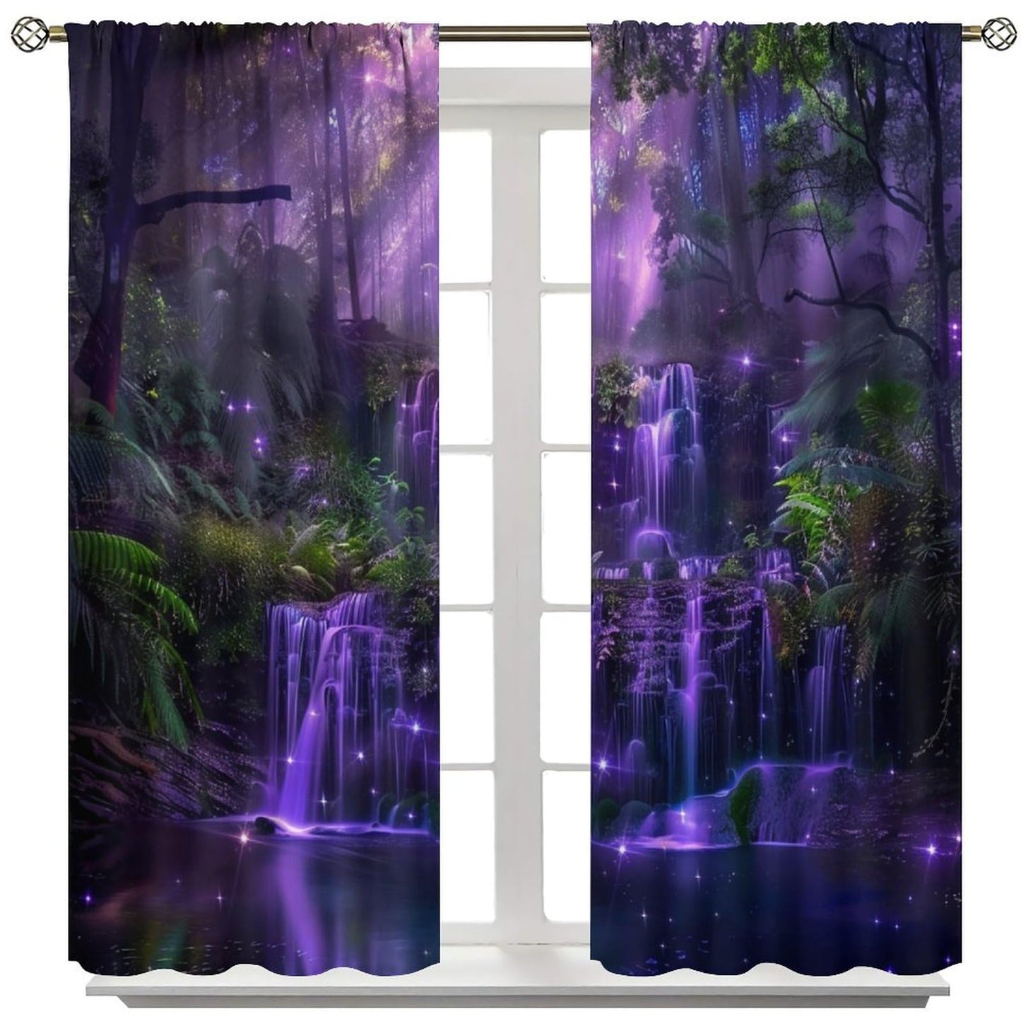 HZOHNAGO Enchanted Forest Curtains Fantasy Nature Purple Fireflies Waterfall Pattern Blackout Print Rod Pocket Window Drapes for Bedroom Living Room 42x63in