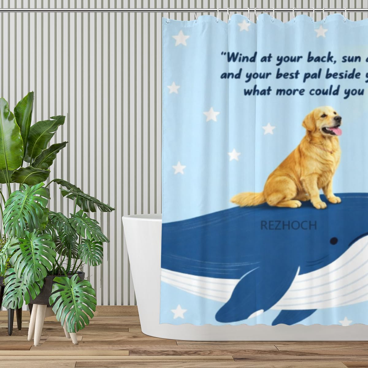 REZHOCH Funny Whale Golden Retriever Shower Curtain 72x72Inch Cute Animal On Whale Ocean Sunny Home Bathroom Decor Art Waterproof Fabric All Season Bath Bathtub Set with 12 Hooks