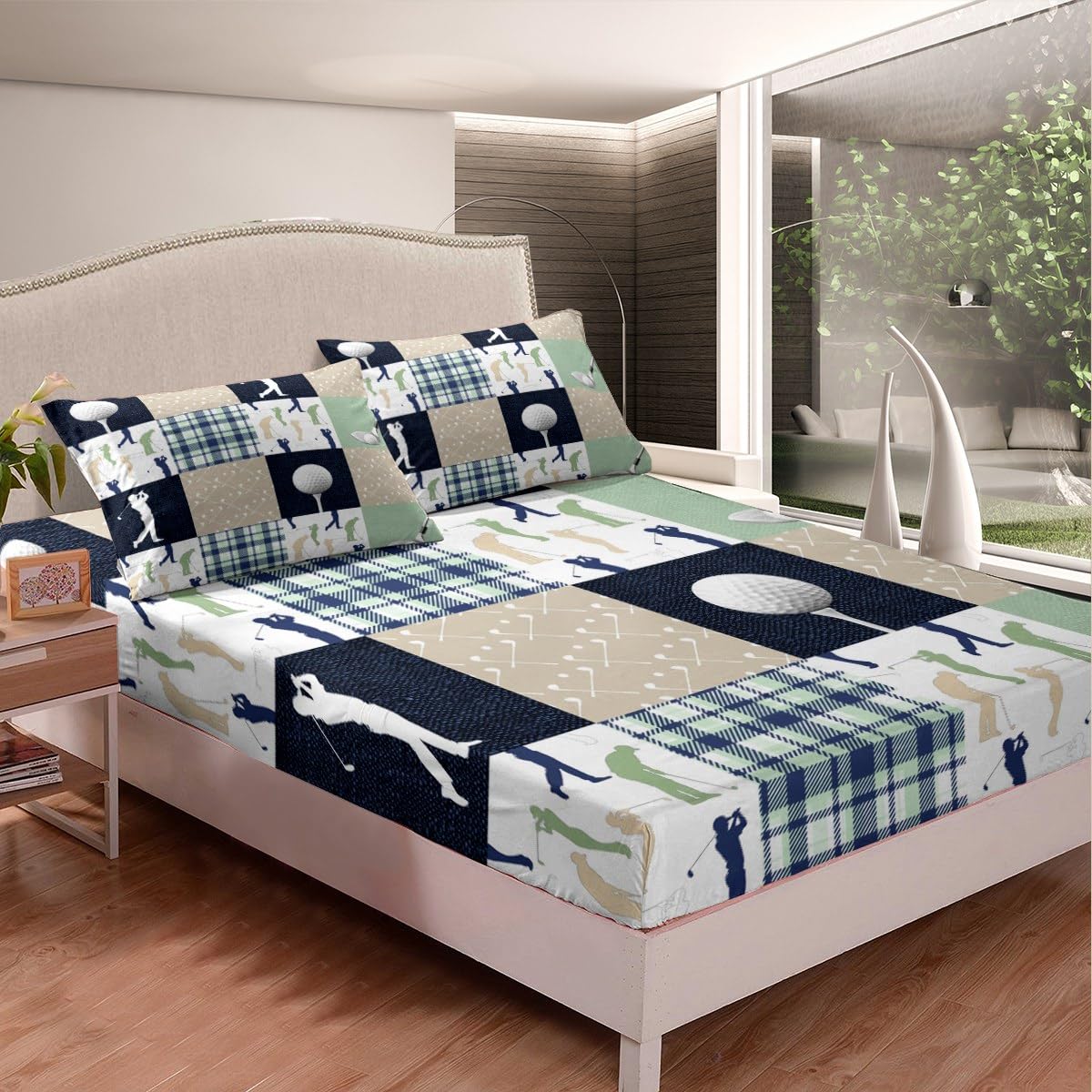 Castle Fairy Golf Plaid Bed Sheet Set Twin Size,Kids Ball Sports Lover Style Sheet Set Room Decor,Green Buffalo Grid Geometric Bedding Set for Boys Teens,(1 Fitted+1 Flat+1 Pillowcase)