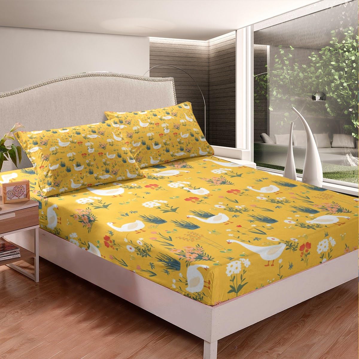 Erosebridal Wildlife Flowers Sheet Set Full,Rustic Goose Duck Bed Sheets for Kids Boys Girls,Garden Leaves Plants Bedding Set,Farm Animal Fitted Sheet + Top Sheet + 2 Pillowcases Wrinkle Free