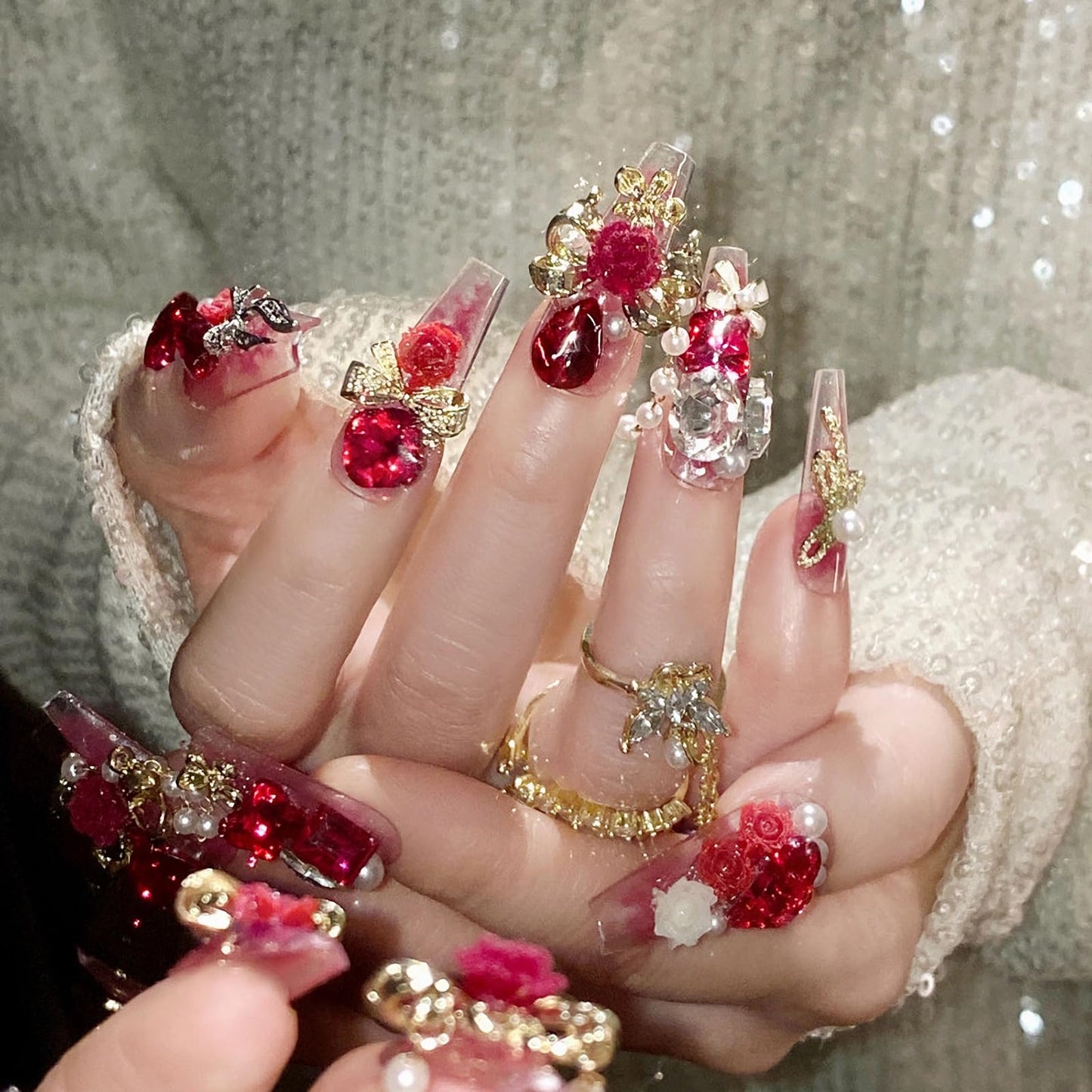 MISUD Press on Nails - Long Coffin Fake Nails with Red Rhinestone, Acrylic Handmade Design 24 pcs