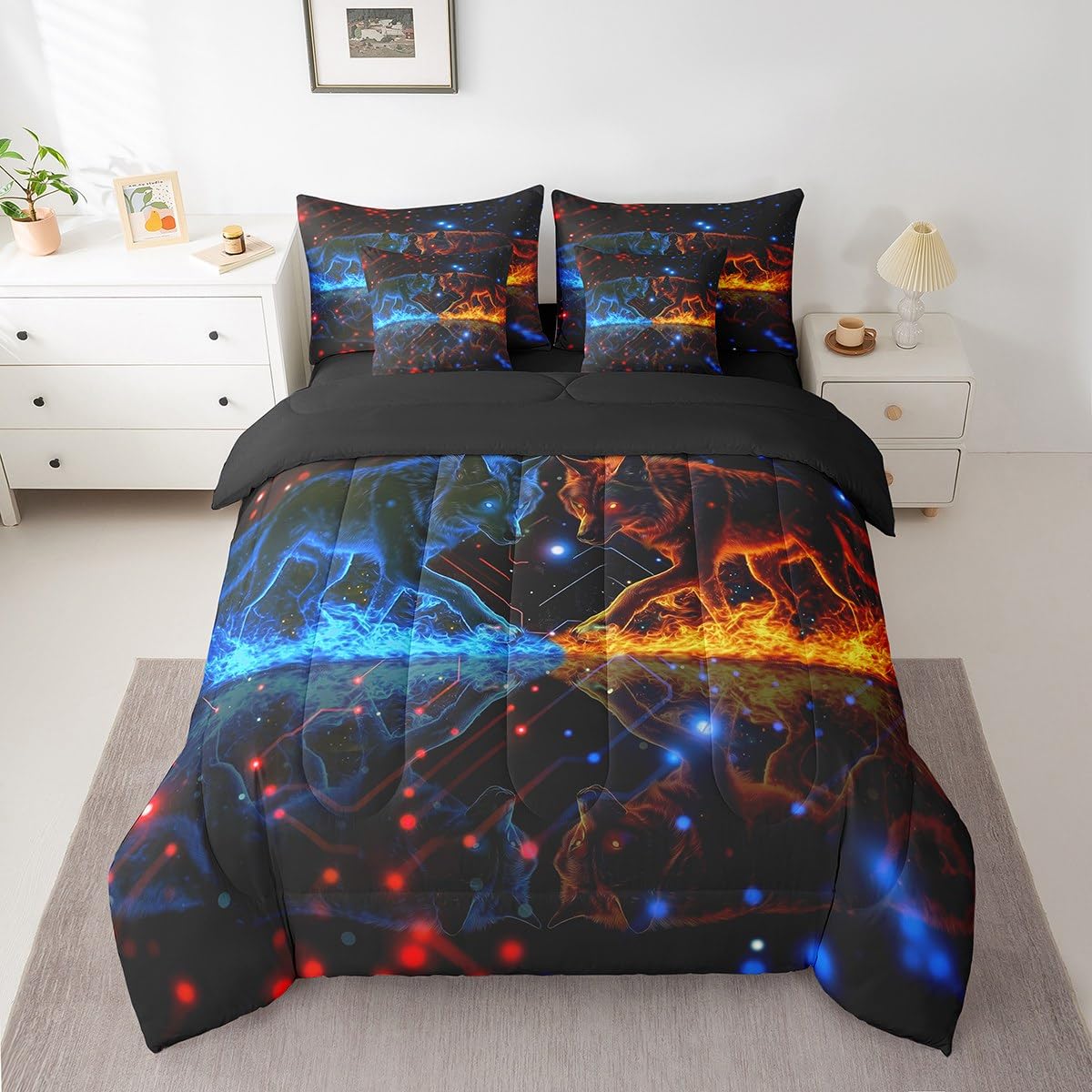 jejeloiu Wolves Howling Bed Set Wild Animal 7 Pieces Bedding Set for Kids Animal Wolves Bed in a Bag with Comforter, Sheets, Pillowcases Ultra Soft Dot All Season Breathable Lightweight Twin Size