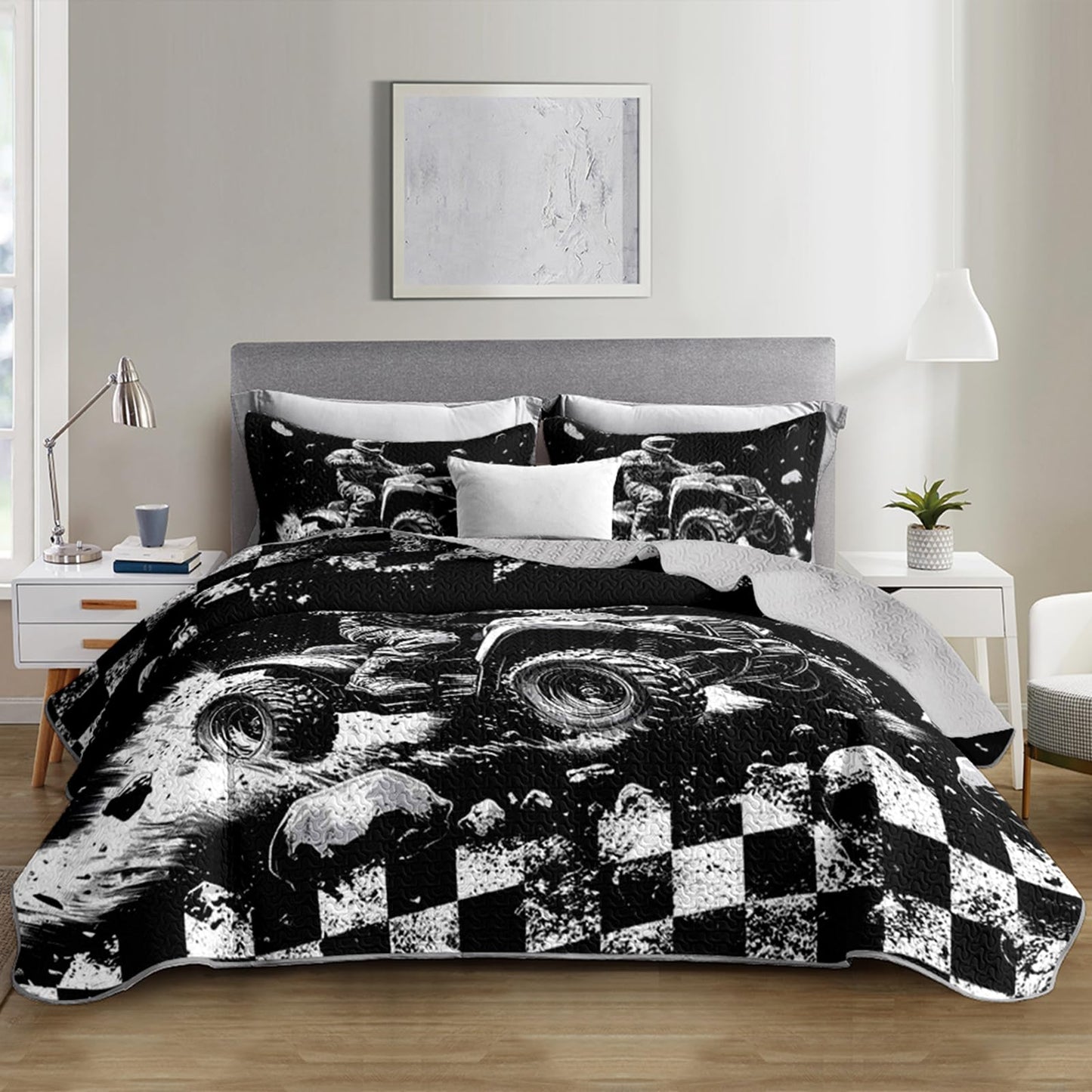 XYNHML Cool Motocross Rider Quilts Bedding Twin 3Pcs Racing Dirt Bike Quilt Set Extreme Sports Racer Grid Lightweight Soft Bedspread Coverlet with 2 Pillowcases for Kid Boy Girl Teen Adult Bed Decor