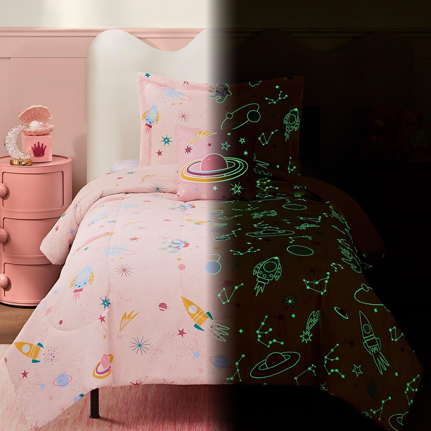 Wink Deer Twin Comforter Set for Girls-3 Pieces Space Glow in the Dark Twin Bedding Sets for Kids,1 Comforter,1 Sham and 1 Decor Pillow