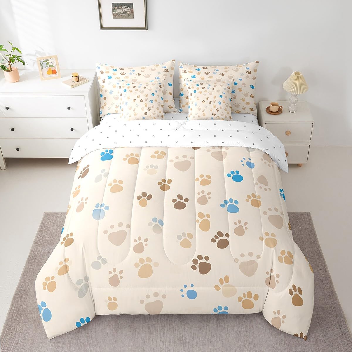 Erosebridal Paw Print 7 Pcs Comforter Set Queen Size Cartoon Footprints Bedding Cute Dog Cat Puppy Feet Print Bed in A Bag for Kids Children Brown Blue Kawaii Pet Bed Set