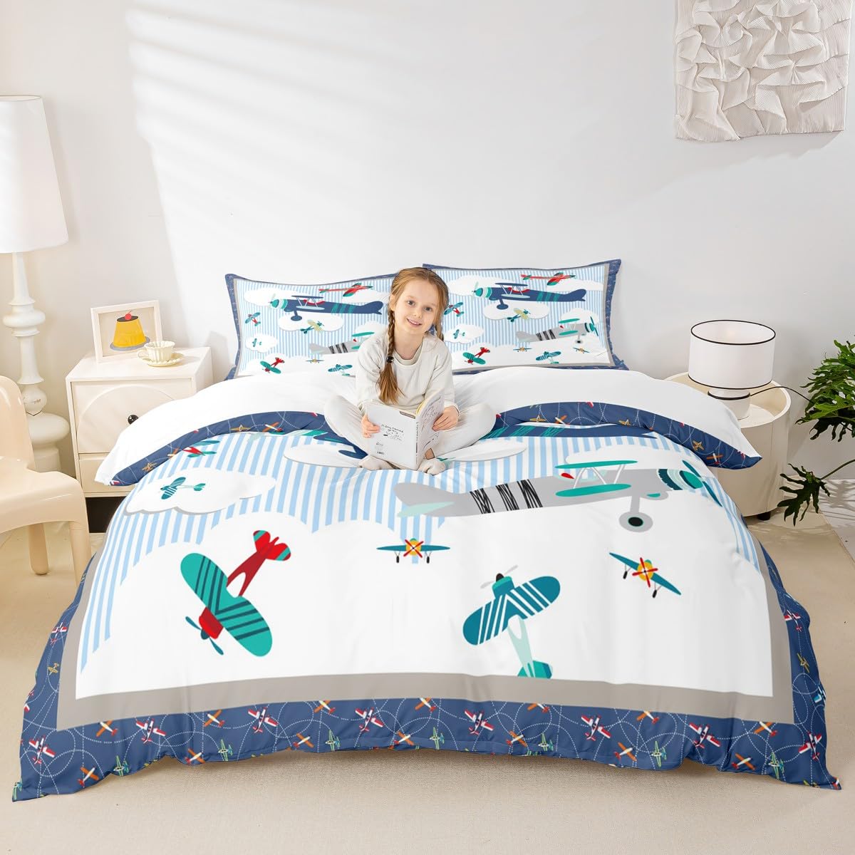 Kids Airplane Bedding Set Blue Sky and White Clouds Comforter Cover Set for Kids Teens Women Room Decor Aviation Aircraft Duvet Cover Breathable Modern Airplane Bedspread Cover Full Size(No Comforter)