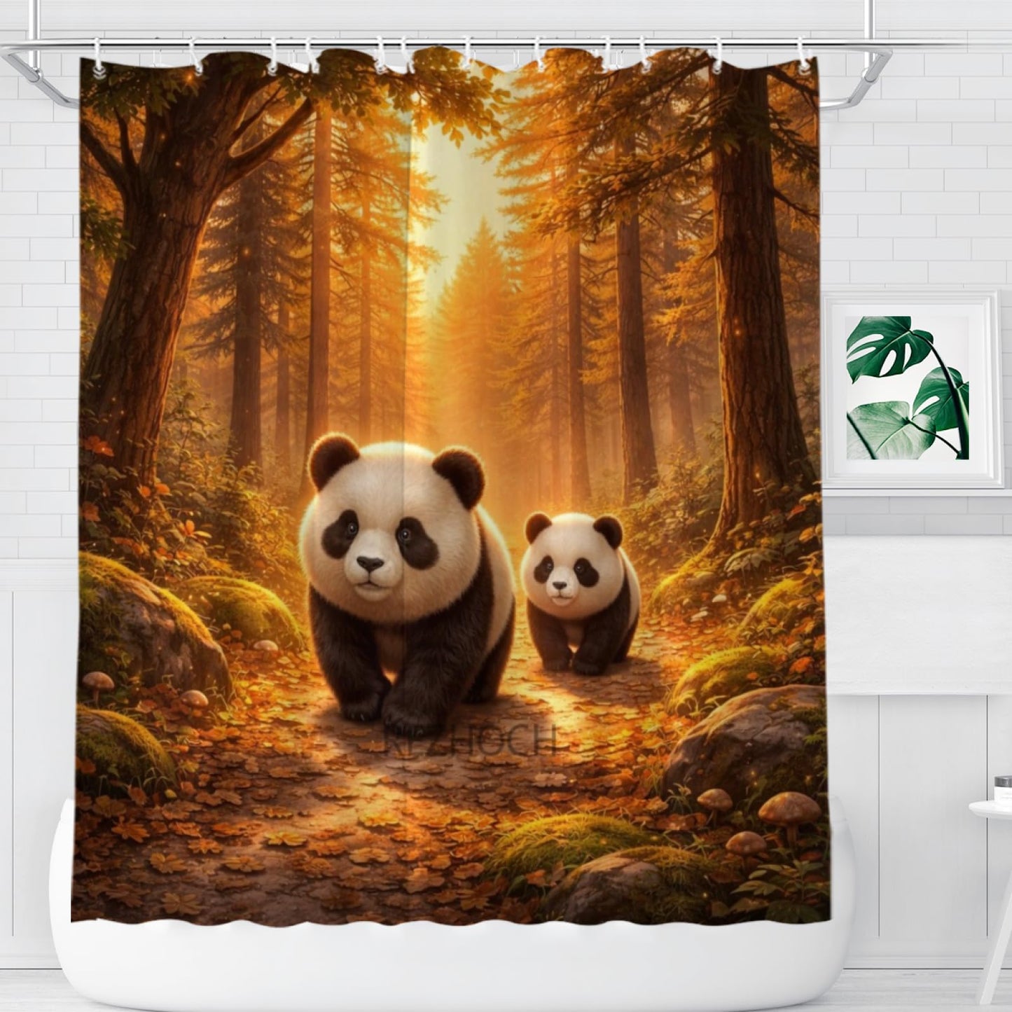REZHOCH Cute Panda Forest Shower Curtain 72x72 Inch,Rustic Woodland Animals Home Bathroom Decor,Sunset Pine Oak Path Decor,Autumn Nature Waterproof Farmhouse Cabin Bath Set