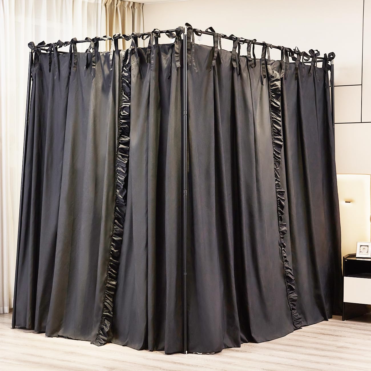 Akiky 4 Corners Post Canopy Bed Curtains Double Layer Cozy Drape Netting 4 Opening Mosquito Net Mesh for Girls Bedroom Decoration(Black,King)