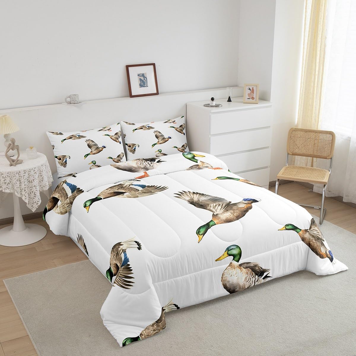 Feelyou Mallard Duck Bedding Set Hunting and Fishing Comforter Set Wild Animal Comforter for Boys Girls Kids Wildlife White Duvet Set Twin Size with 1 Pillow Case