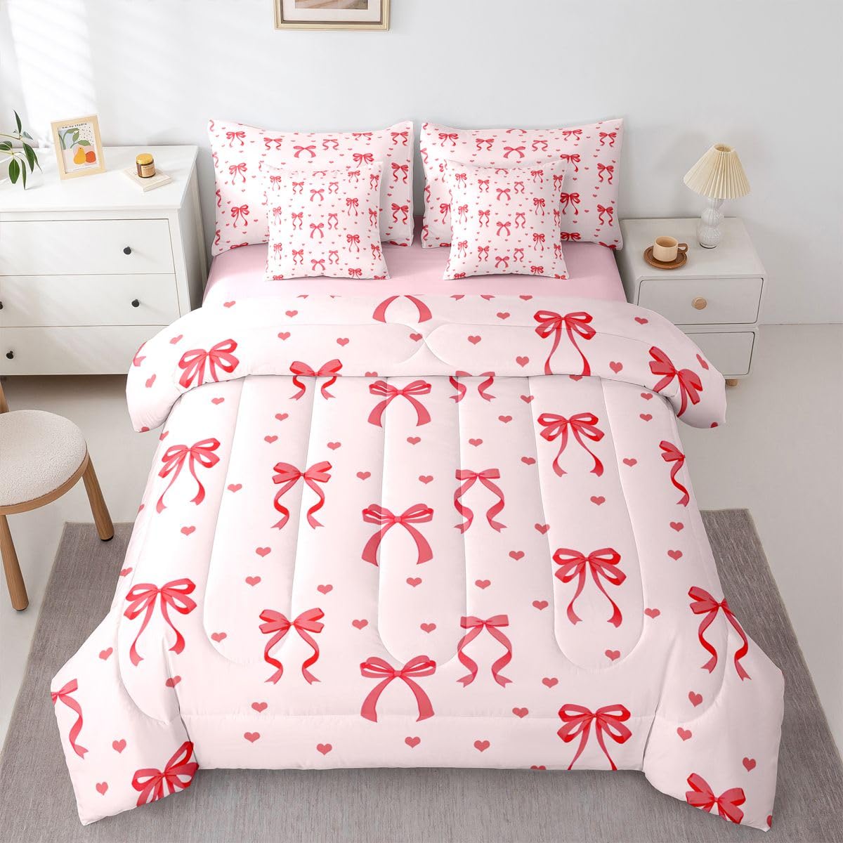 Erosebridal Kawaii Bowknot Full Size Comforter Set,Dreamy Princess Style 7-Piece Bed in A Bag,Girly Cute Bow Sheets and Pillowcases,Pink Red Bow Tie Bedding Set Room Decor