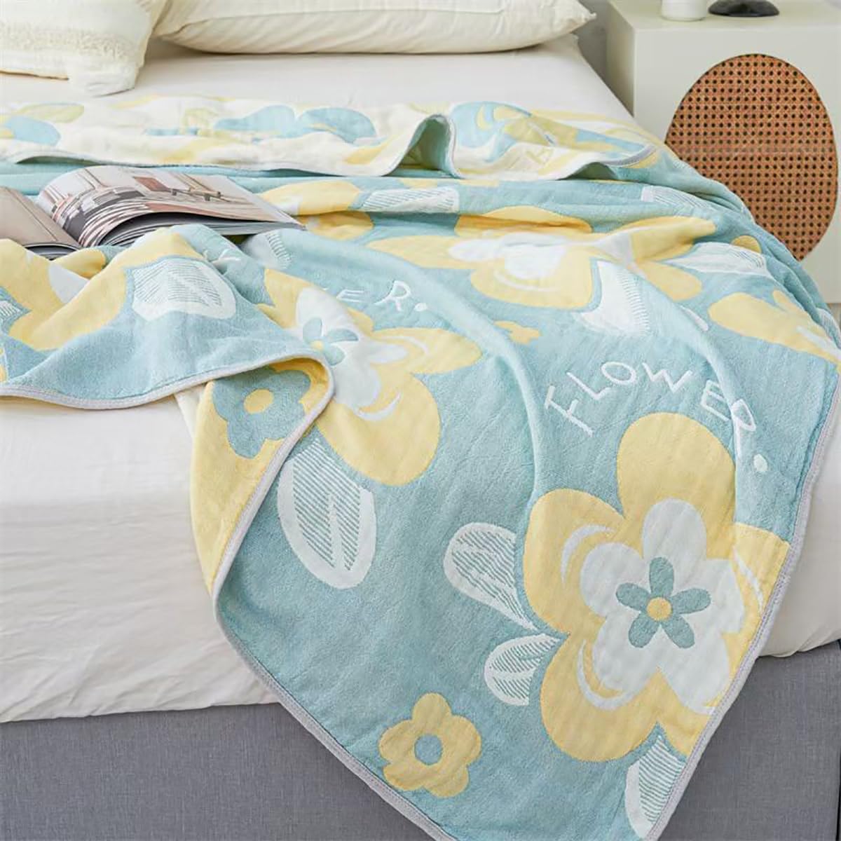 SANACYNA Muslin Blanket 100% Cotton 6-Layer Gauze King Floral Bed Blanket Lightweight Soft Breathable Blanket for Sofa Bed Coverlet Both Sides (Floral Blue, King 90 x 104 in)