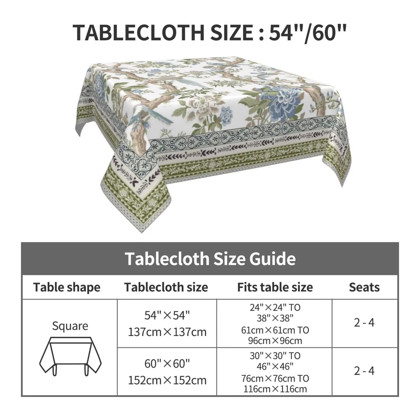 Jecuwo Spring Chinoiserie Floral Square Tablecloth 54 Inch Bird Tree Flower Pattern Table Cover Sage Green Blue Branch Washable Decoration Tablecloth Indoor and Outdoor Dining Table Home Party Decor