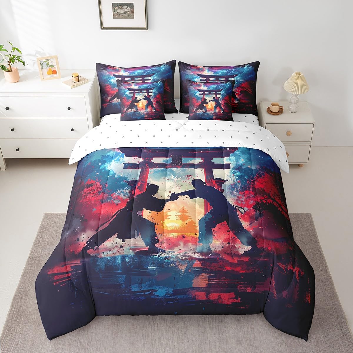 Erosebridal 7 Piece Japanese Style Full Comforter Set,Taekwondo Karate Sports Bedding Sets for Boys Kids Teens,Oriental Asian Style Kungfu Bed Set with Fitted Sheet,Flat Sheet,Pillowcases