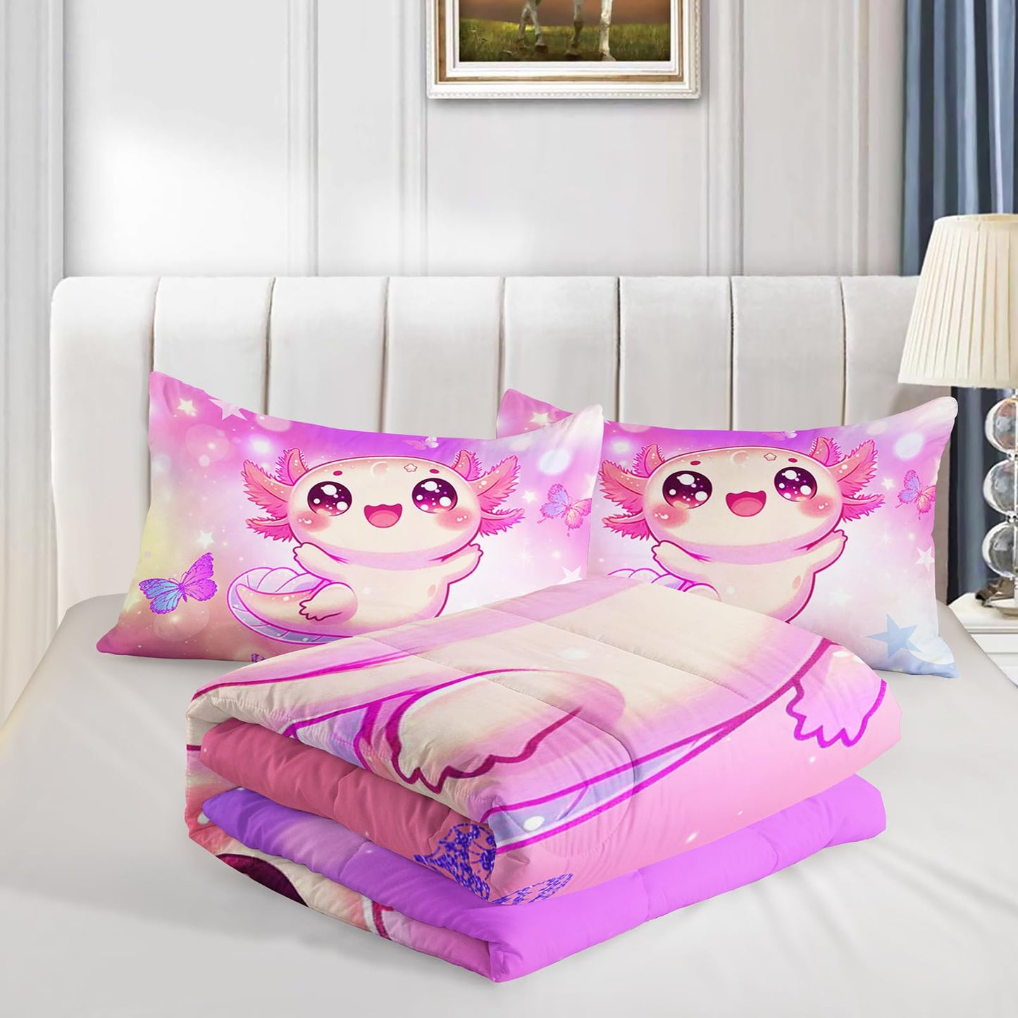 QOOMO 3Pcs Axolotl Comforter Set Twin,Kawaii Salamander Bedding Set for Teens Boys Girls,Butterfly Printed Comforter with 2 Pillowcases,Down Alternative,Soft and Lightweight