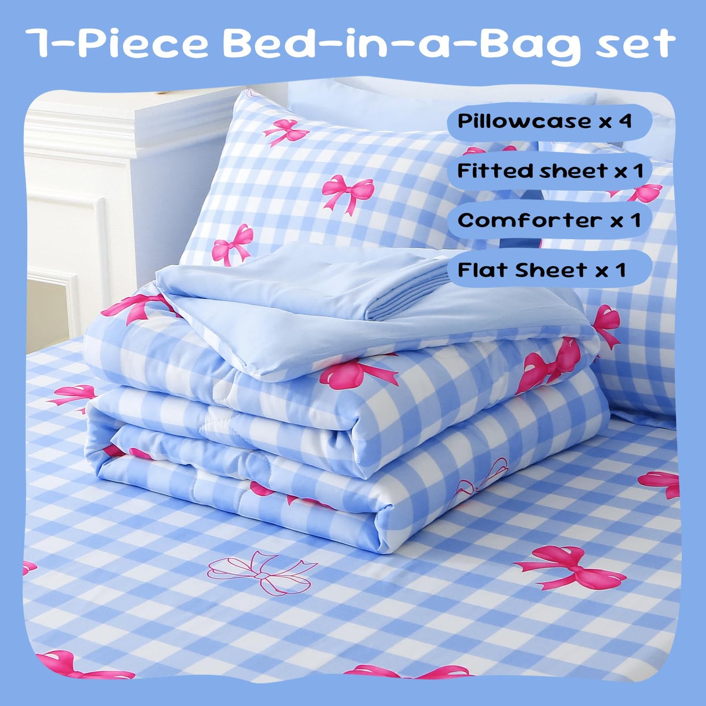 Wajade Bow Comforter Set 7 Piece Blue White Plaid Comforter Sets for Girls Kids Full Size Checkered Bedding Set with Sheet and 2 Pillowcases 2 Pillow Shams Cute Girls Bed in a Bag as Birthday Choice