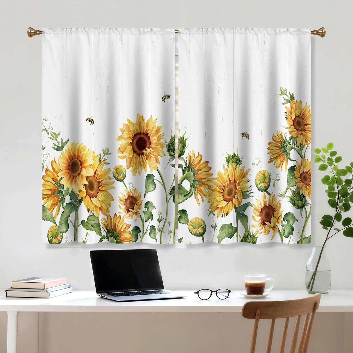 Cizuug Sunflower Farmhouse Kitchen Curtains Yellow Floral Flower Country Rustic Small Short Cafe Window Curtains Country Plant Rod Pocket Bathroom Window Drapes Treatment Curtains 2 Panels