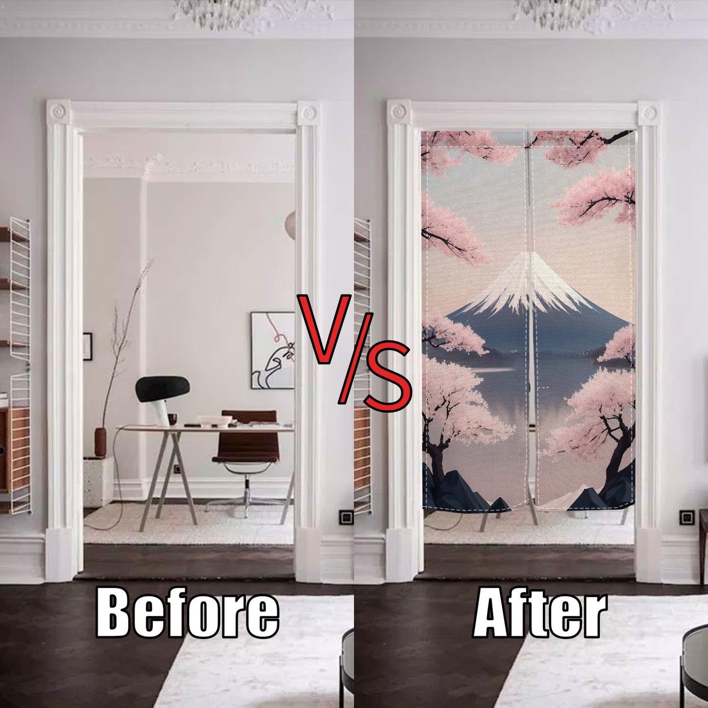 XMJJKUF Japanese Doorway Single Side Curtain Noren Cherry Sakura and Mount Fuji Artistic Painting Japanese Style Curtains Door Tapestry for Wall Hanging Home Decoration,33.5"x 70.9"